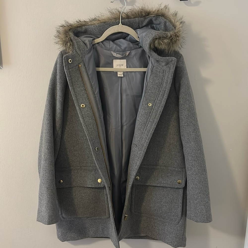 J.Crew Women's Gray Faux Fur Trim Wool Blend Full Zip Hooded Overcoat